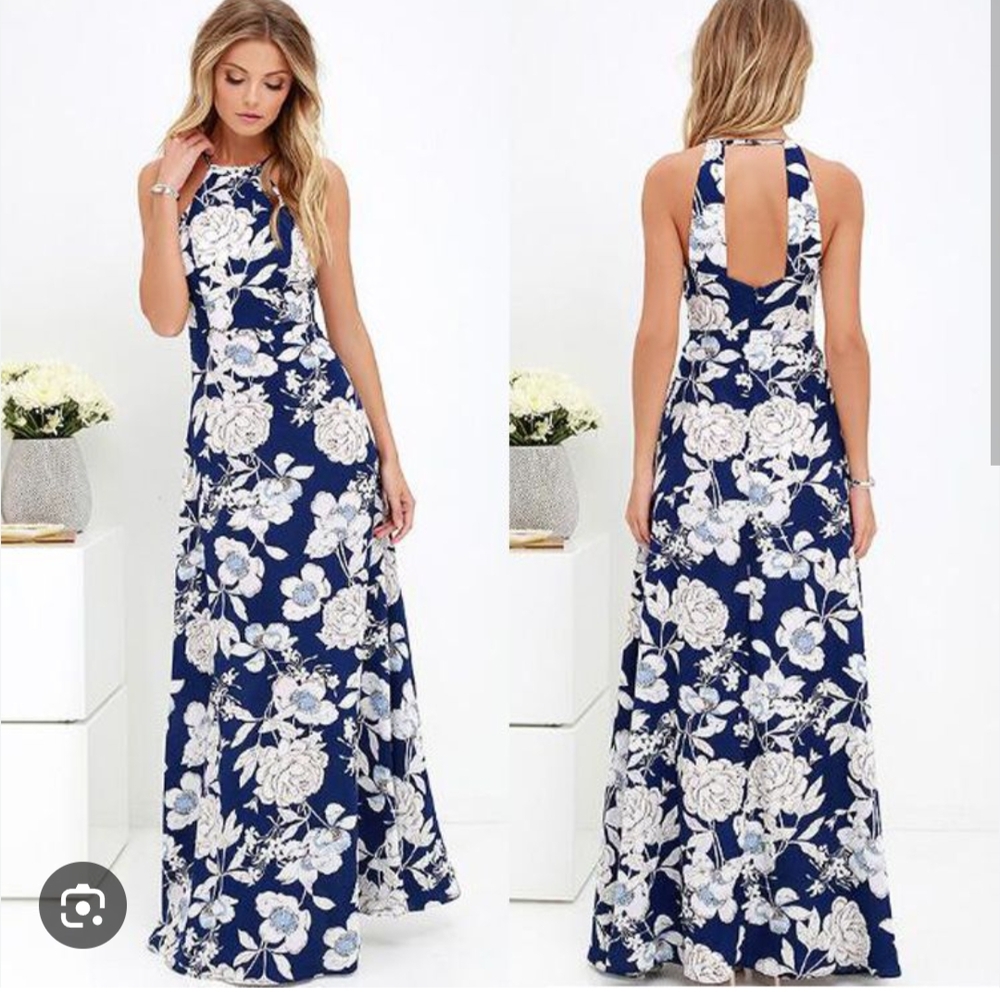Lulu's Navy and White Floral Maxi Dress